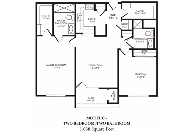 Black-and-white floor plan labeled "Model C - Two Bedroom, Two Bathroom, 1,038 Square Feet" showing a kitchen, living room, two bedrooms, two bathrooms, closets and a patio.