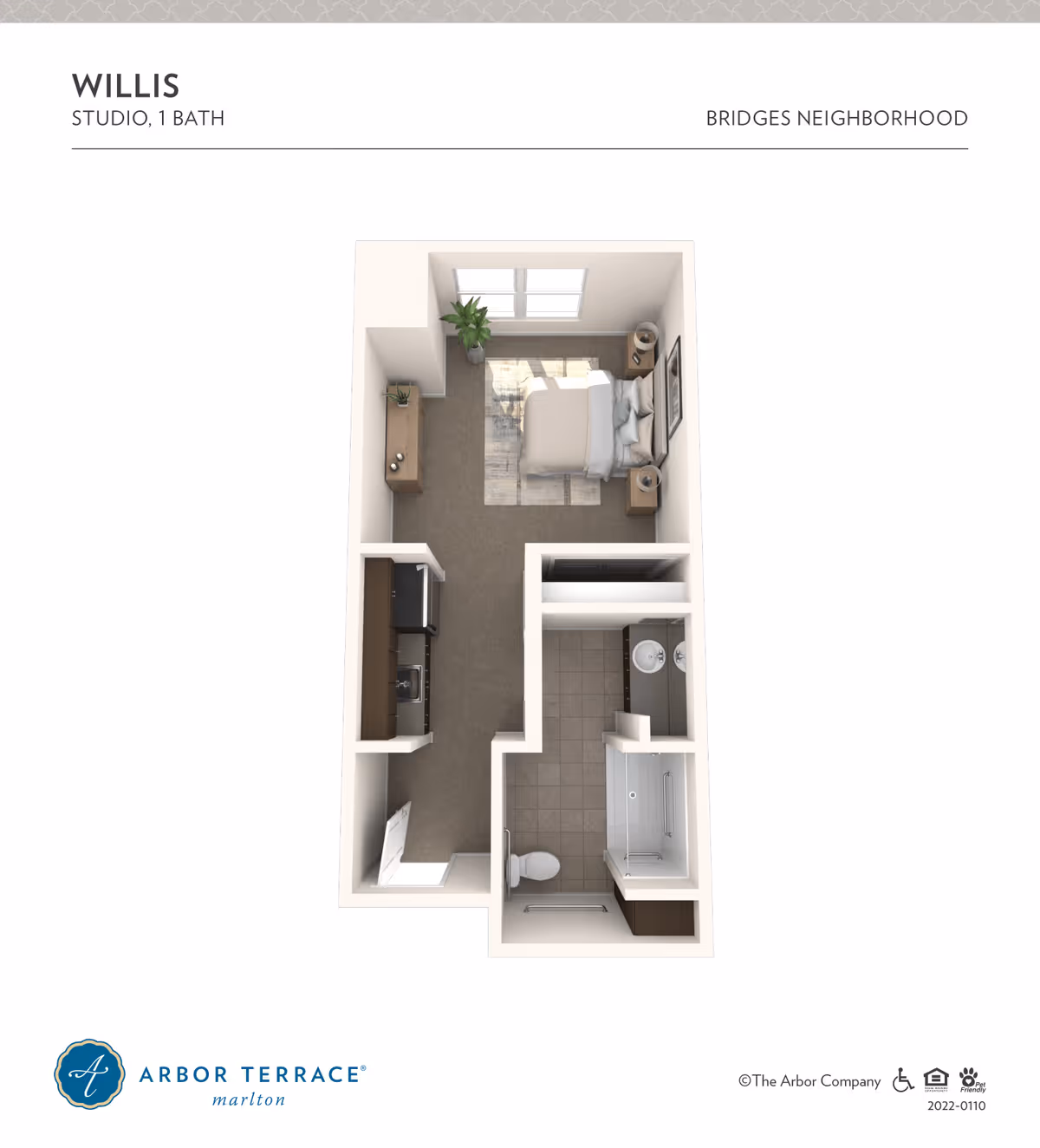 Top-down 3D floor plan of a studio apartment showing a sleeping area, kitchenette, and one bathroom.