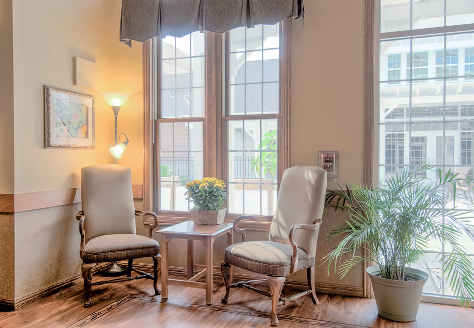 Two upholstered armchairs flank a small wooden table with a potted yellow flower in a bright sitting area by large windows and a potted palm.
