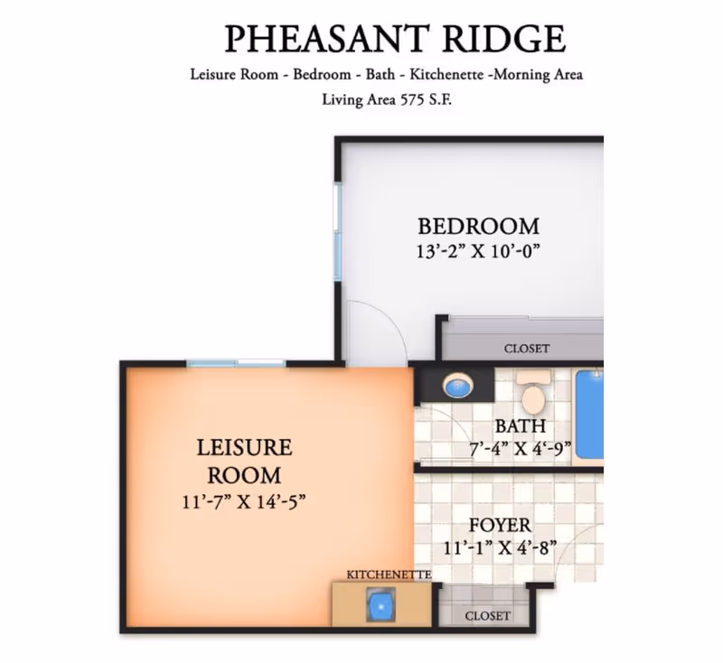 Floor plan of Pheasant Ridge unit showing a leisure room, bedroom, bath, kitchenette, and foyer with dimensions and closet spaces.