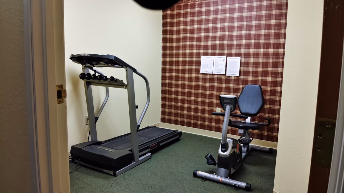 Small exercise room with a treadmill and a recumbent stationary bike. The room has green carpet, cream-colored walls, and one wall with red and beige plaid wallpaper. There are three sheets of paper posted on the plaid wall.