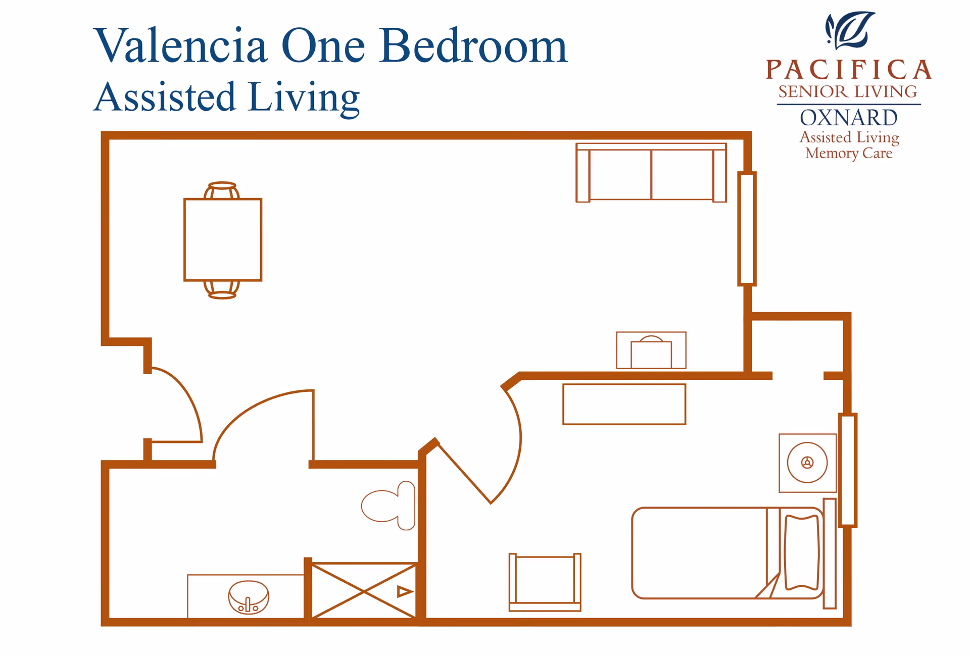 Floor plan of Valencia One Bedroom Assisted Living unit showing a living area with a sofa and table with chairs, a bedroom with a bed and chair, and a bathroom with a toilet, sink, and shower.