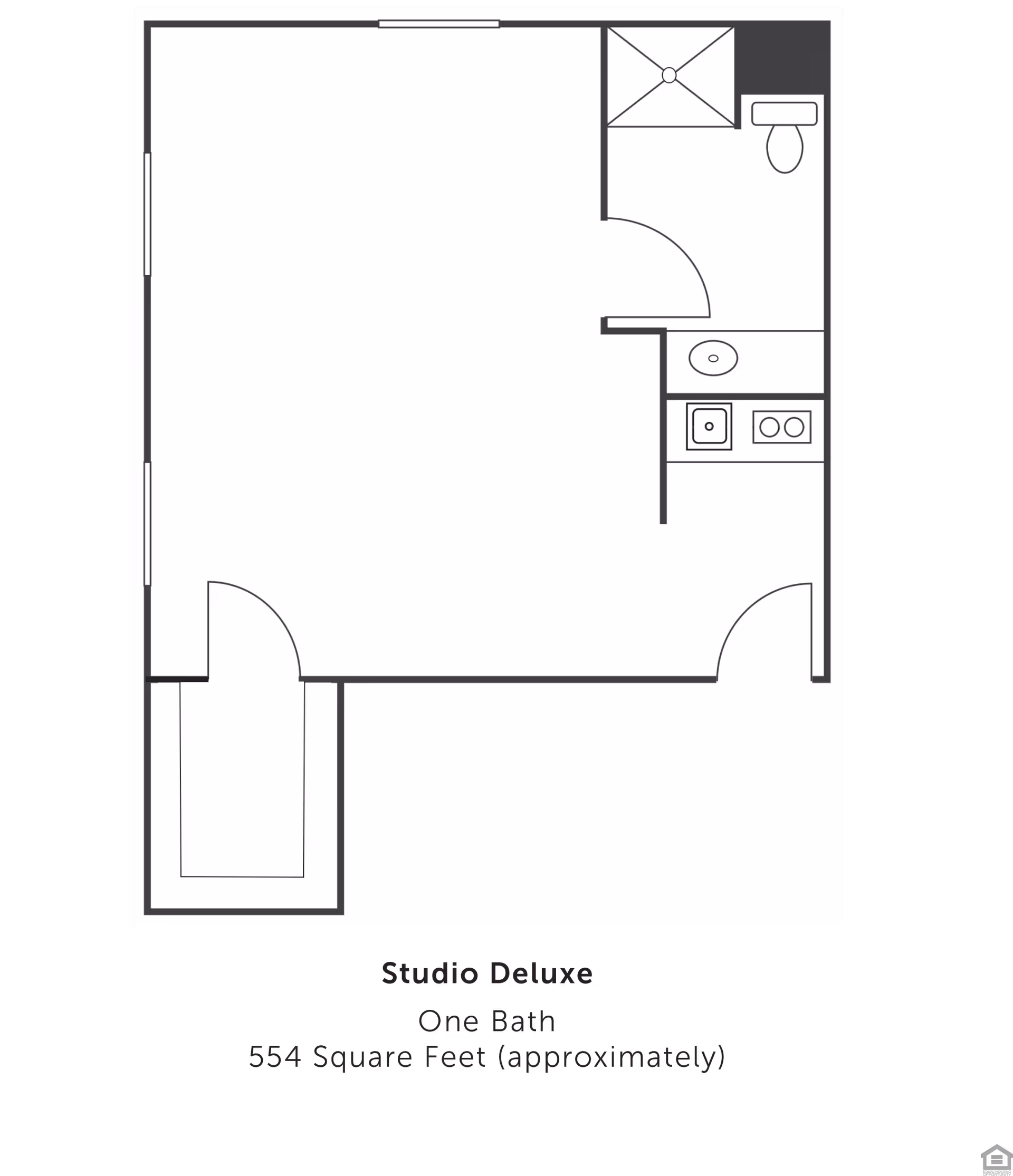 Floor plan layout of a Studio Deluxe apartment with one bathroom and approximately 554 square feet. The layout includes a main living area, a bathroom with a shower and toilet, and a small kitchen area with a sink and stove.