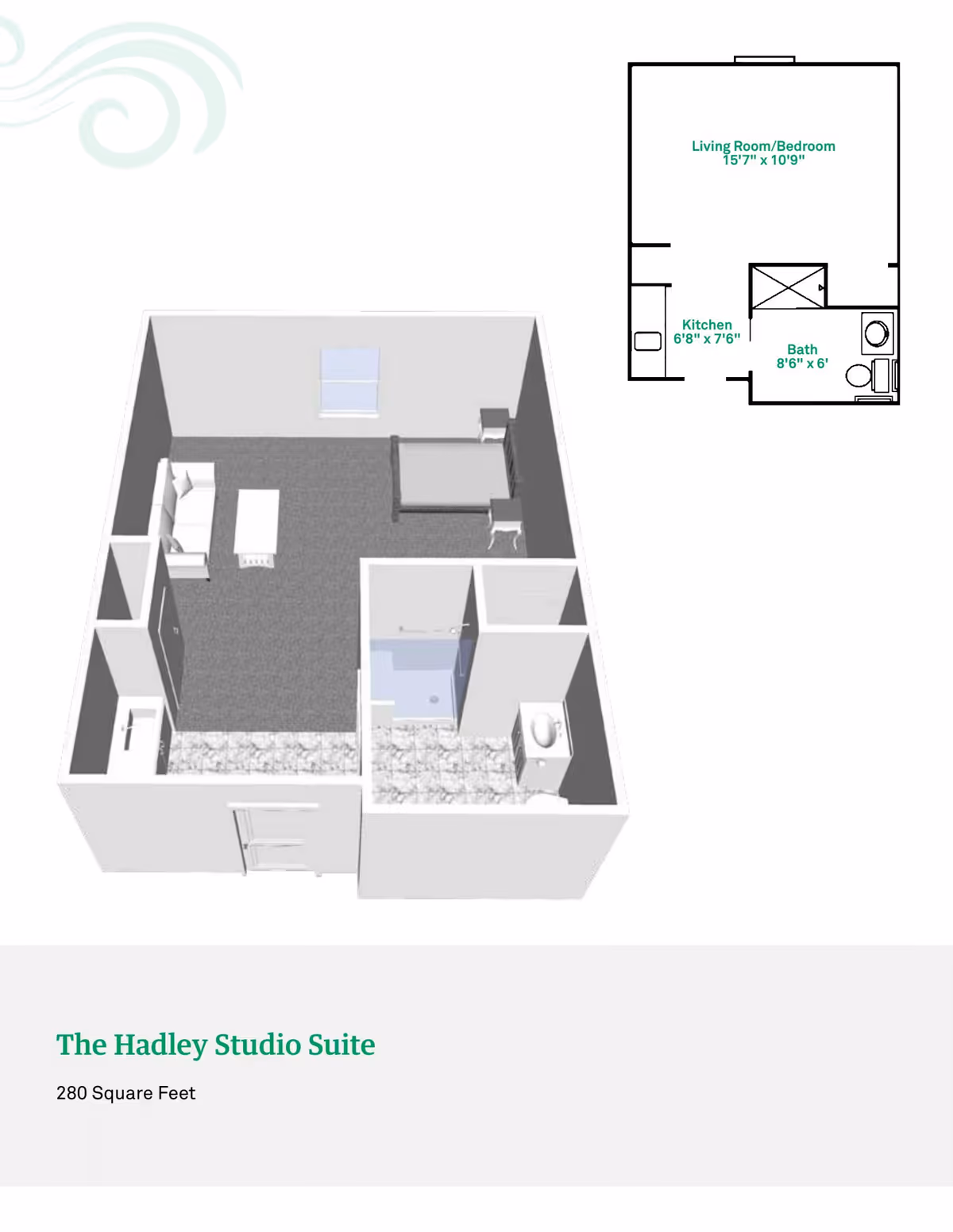 3D floor plan and layout of The Hadley Studio Suite at Meadow Lakes Assisted Living and Garden Homes, showing a combined living room and bedroom area with a bed, sofa, and coffee table, a small kitchen area, and a bathroom with a shower, toilet, and sink.