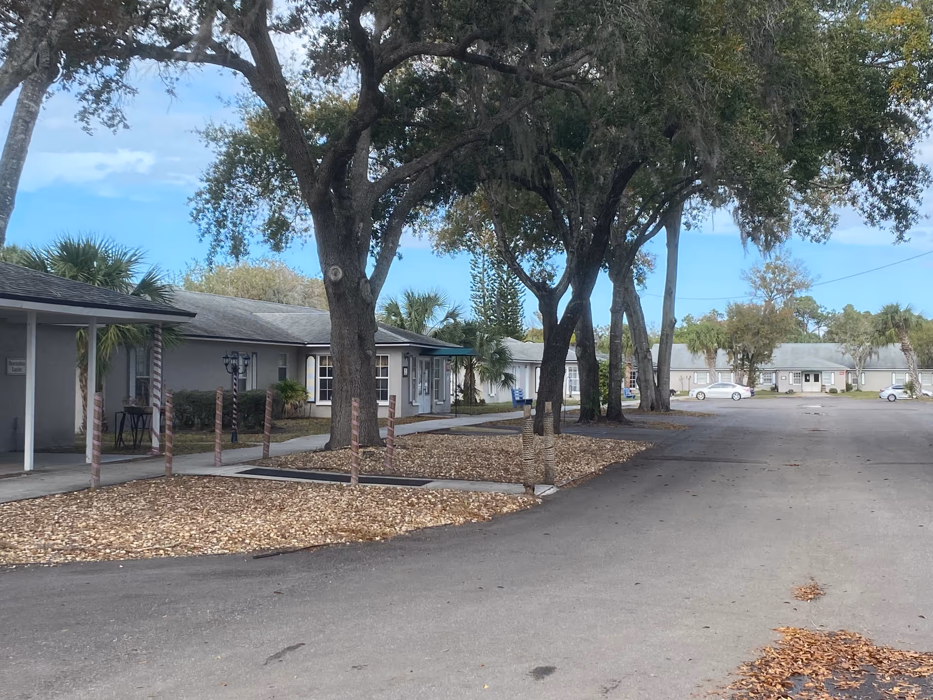 Exterior view of a senior living facility with single-story buildings, trees, and a paved driveway. Several cars are parked near the buildings under a clear blue sky.