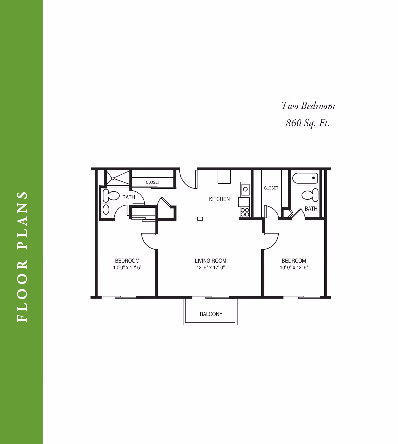 Floor plan of a two-bedroom apartment with 860 square feet. The layout includes two bedrooms, each measuring 10 feet by 12 feet 6 inches, two bathrooms, a kitchen, a living room measuring 12 feet 6 inches by 17 feet, and a balcony. Closets are located near each bedroom and the kitchen.