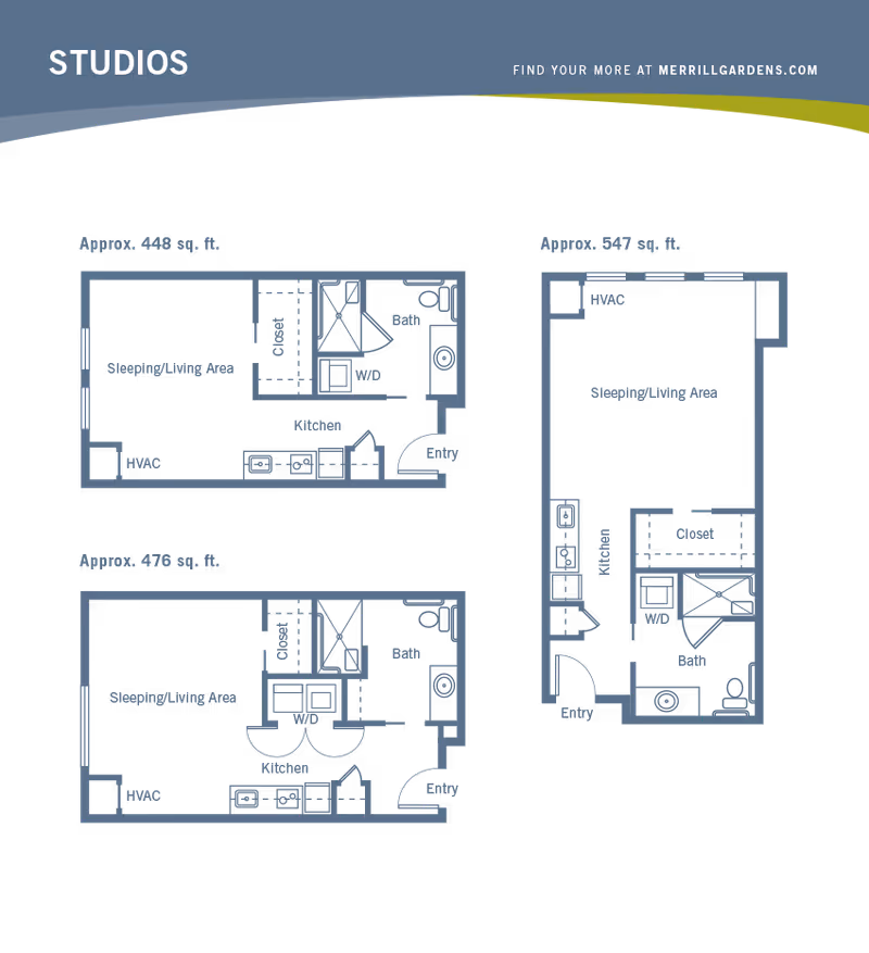Floor plans for three studio apartments at Merrill Gardens at Woodstock, showing layouts with sleeping/living areas, kitchens, bathrooms, closets, HVAC, and washer/dryer units. The plans indicate approximate square footage of 448 sq. ft., 476 sq. ft., and 547 sq. ft.