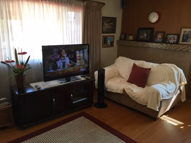 A cozy living room with a beige couch covered by a white throw and a red pillow. A flat-screen TV on a dark wooden cabinet is showing a woman speaking. There is a tall black fan in front of the couch. The room has wooden walls with framed photos and a clock hanging above the couch. A window with sheer curtains lets in natural light, and a vase with red flowers is on the cabinet next to the TV. A rug with a red border is on the wooden floor.