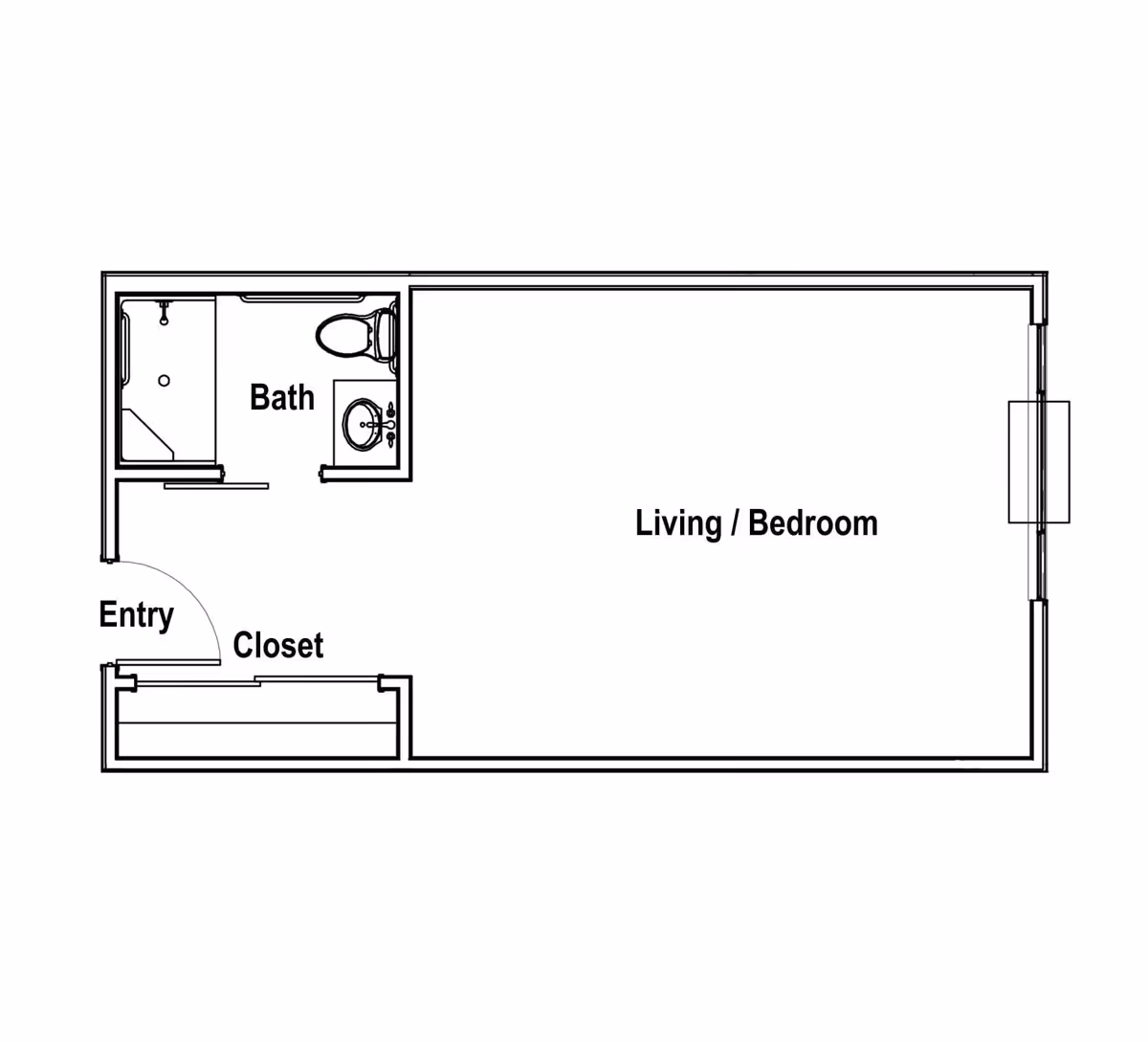 Floor plan layout of a small living space with an entry leading to a closet, a bathroom with a shower, toilet, and sink, and a combined living and bedroom area.