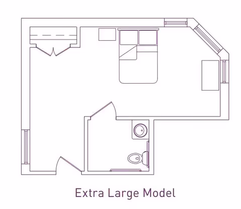 Architectural floor plan of an extra large model unit at The Heritage at Eldridge Parkway, showing a bedroom area with a bed, closet, and a small bathroom with a toilet and sink.