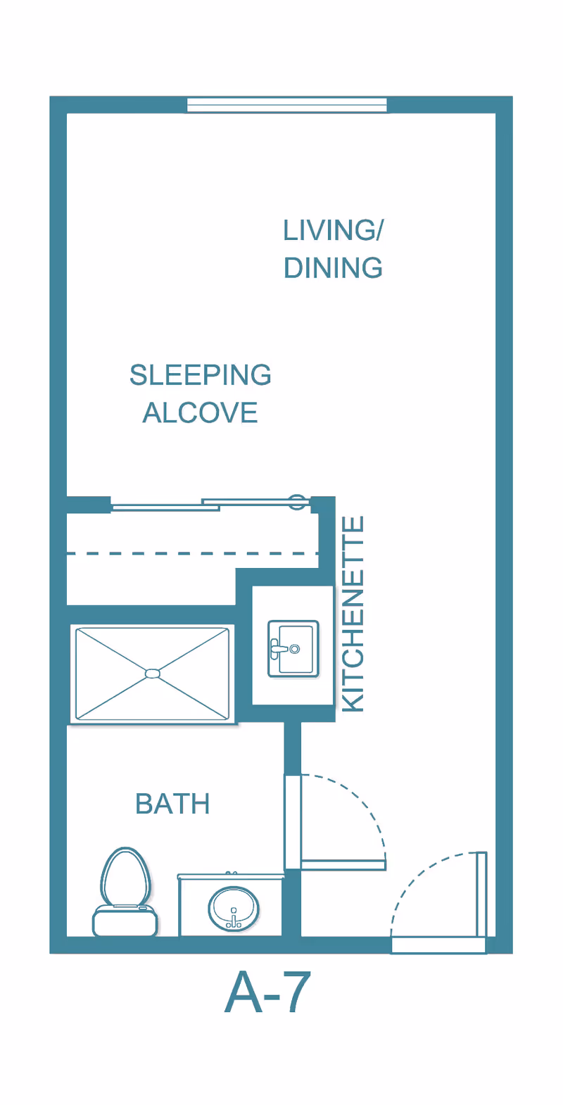 Floor plan layout of a studio apartment labeled A-7 at Asher Point Independent Living of Waco, showing a living/dining area, sleeping alcove, kitchenette, and bathroom with toilet and sink.