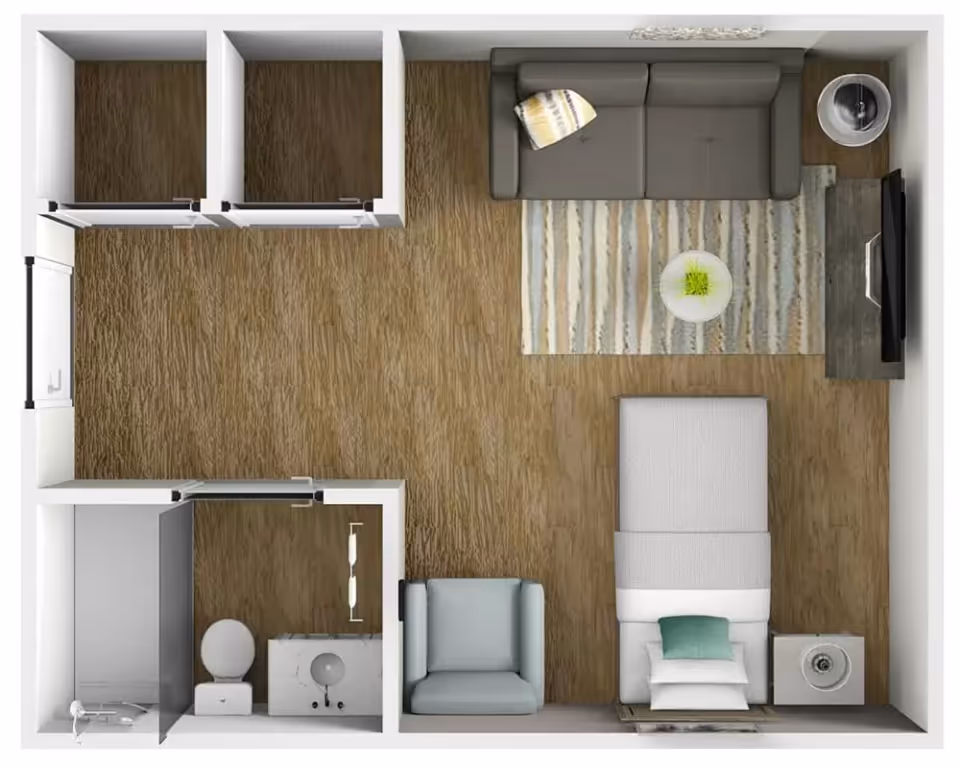 Top-down view of a small apartment layout featuring a bedroom area with a bed, nightstand, and armchair, a living area with a sofa, coffee table, TV, and lamp, a bathroom with a toilet, sink, and shower, and two closets near the entrance.