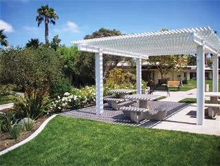 Outdoor seating area with a white pergola providing shade over picnic tables and benches, surrounded by green grass, plants, and trees including a palm tree in the background.