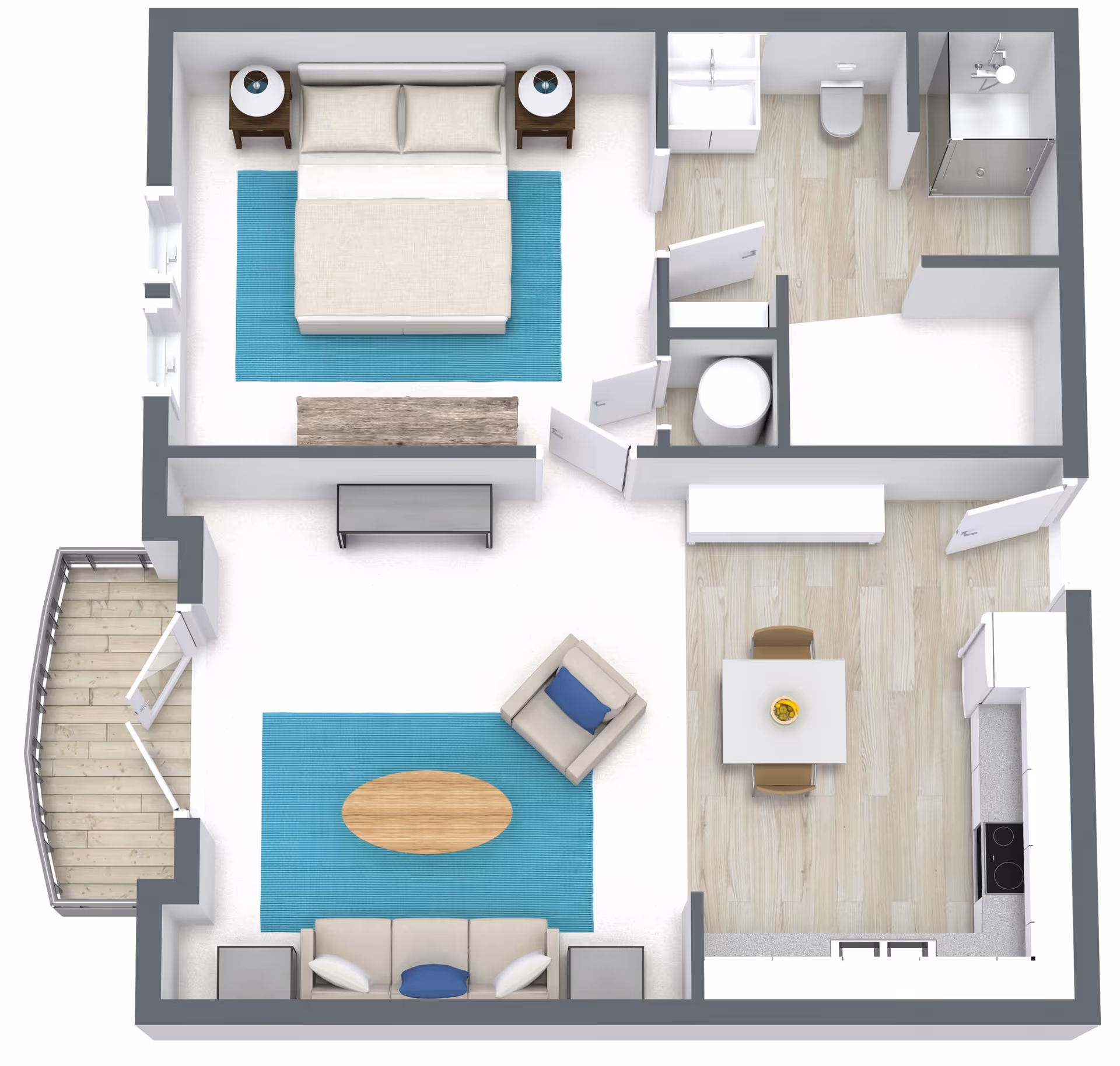3D floor plan of a senior independent living apartment featuring a bedroom with a bed and two nightstands, a bathroom with a shower, toilet, and sink, a living room with a sofa, armchair, coffee table, and TV stand, a dining area with a table and four chairs, a kitchen with appliances and cabinets, and a small balcony with wooden flooring.