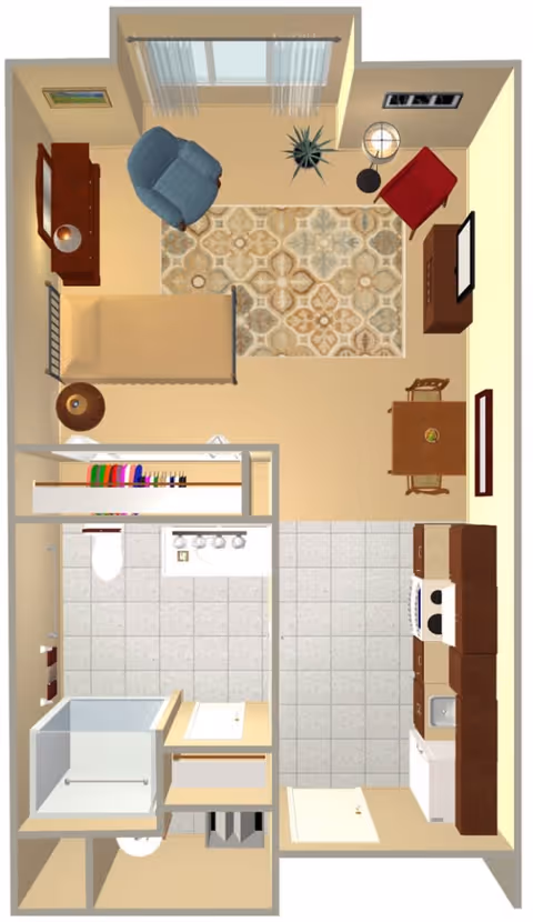 Top-down view of a studio apartment layout featuring a combined living and sleeping area with a bed, armchair, side table, TV on a stand, small dining table with two chairs, and a decorative rug. The kitchen area includes a stove, sink, and cabinets. The bathroom has a shower, toilet, and sink. There is also a closet with hanging clothes.