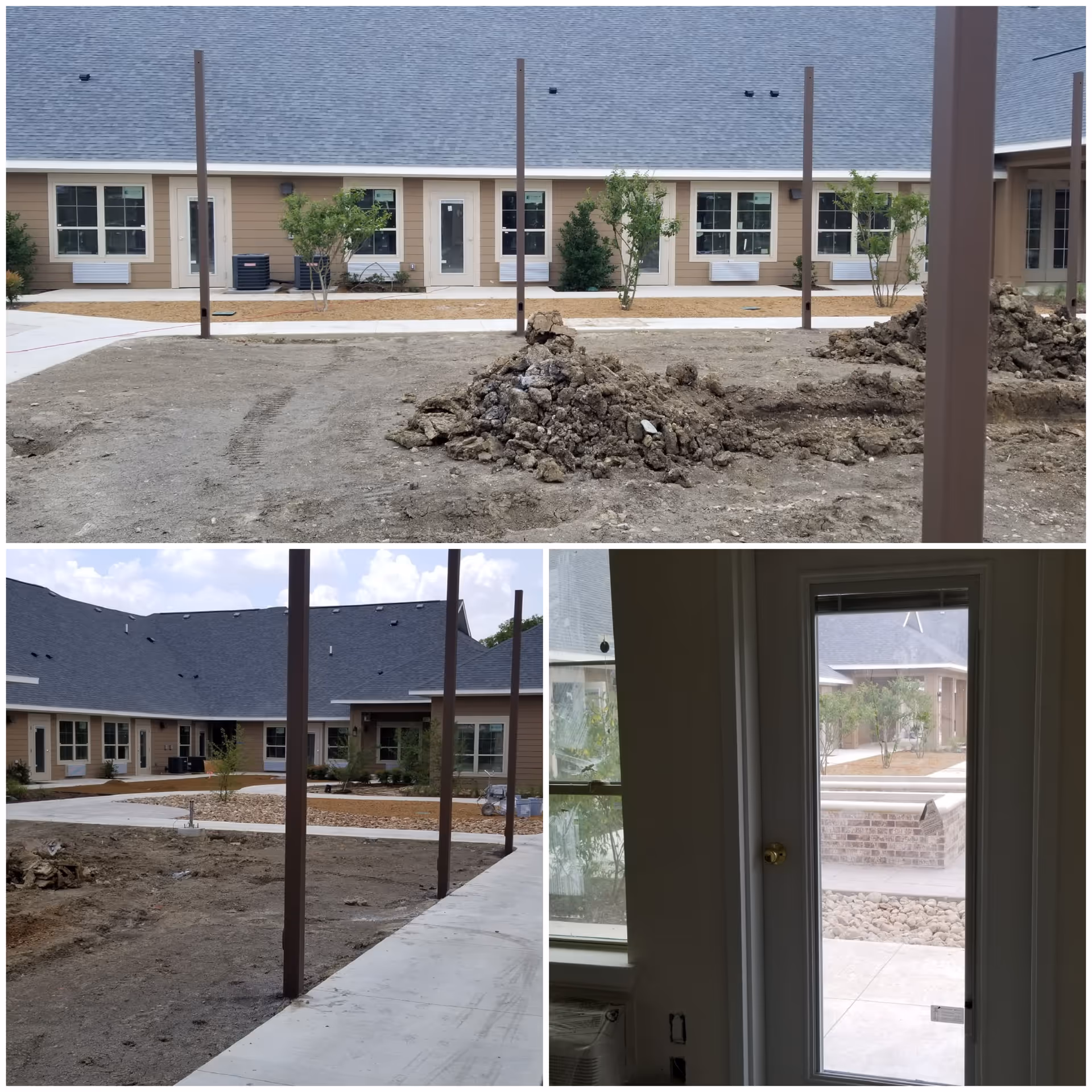 Three images showing an outdoor courtyard area of a senior living facility under construction. The top image shows a dirt area with piles of soil and several vertical metal posts in front of a beige building with multiple windows and doors. The bottom left image shows a wider view of the courtyard with more soil, metal posts, and a concrete walkway. The bottom right image is taken from inside looking out through a glass door at part of the courtyard with a brick planter and landscaping.