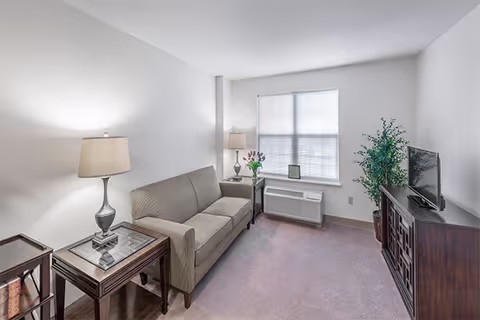 A small living room with a beige couch, two side tables with lamps, a window with blinds, a TV on a wooden cabinet, and a potted plant in the corner.