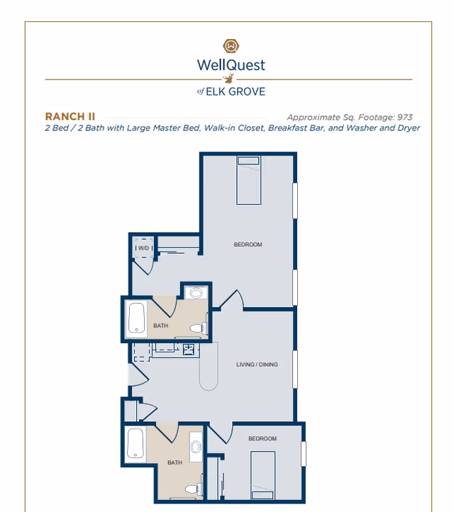 Floor plan titled 'Ranch II' showing a two-bedroom, two-bath apartment layout with living/dining area, kitchen, and washer/dryer.