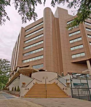 Exterior view of a multi-story building with a modern architectural design, featuring large windows and a central cylindrical column. The entrance has a wide staircase with railings on both sides, flanked by small plants and trees. The sky is overcast and there are tree branches visible at the top of the image.