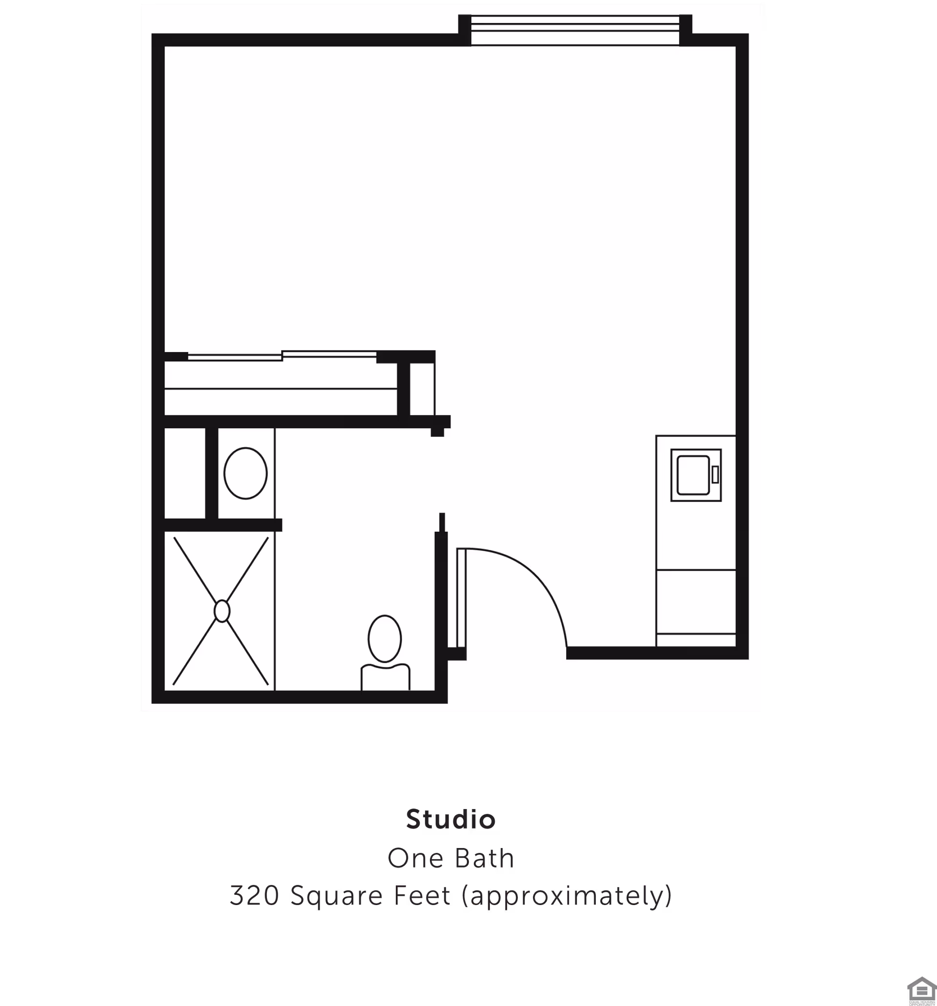 Black-and-white floor plan of a studio apartment showing an entry door, kitchenette, open living/sleeping area, and a bathroom with shower and toilet.