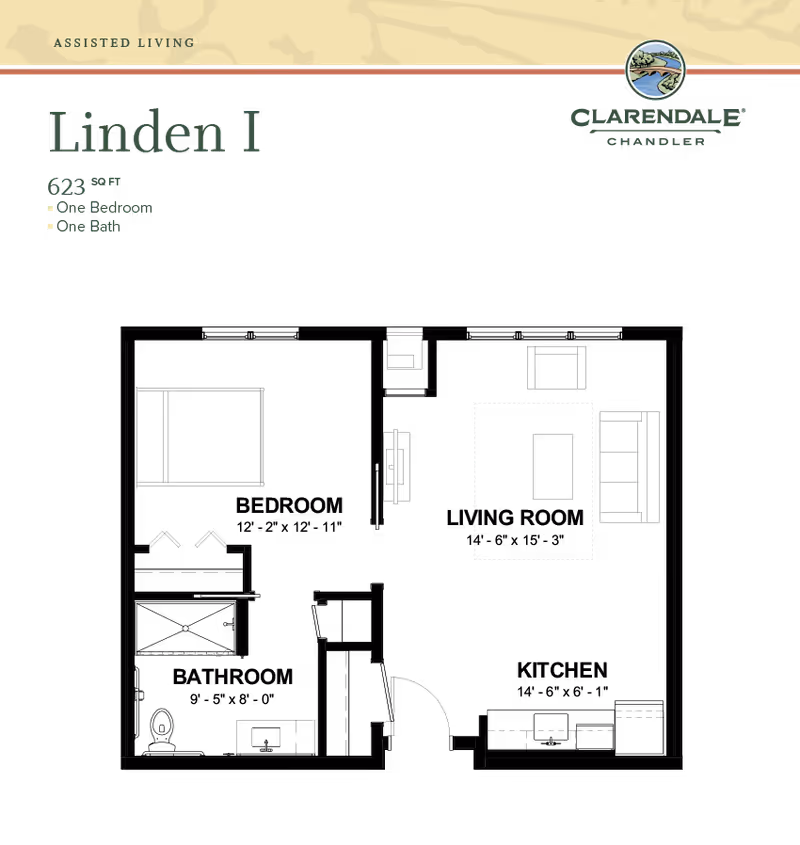 Floor plan layout for Linden I at Clarendale of Chandler, showing a 623 square foot assisted living unit with one bedroom and one bathroom.