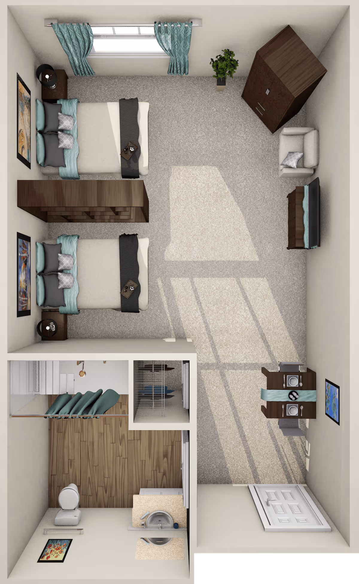 Top-down view of a senior living facility room with two beds, each with pillows and blankets, a nightstand with a lamp between the beds, a wardrobe, an armchair, a TV on a stand, a small dining table with two chairs, and a bathroom with a toilet and sink. The room has a window with curtains and framed artwork on the walls.