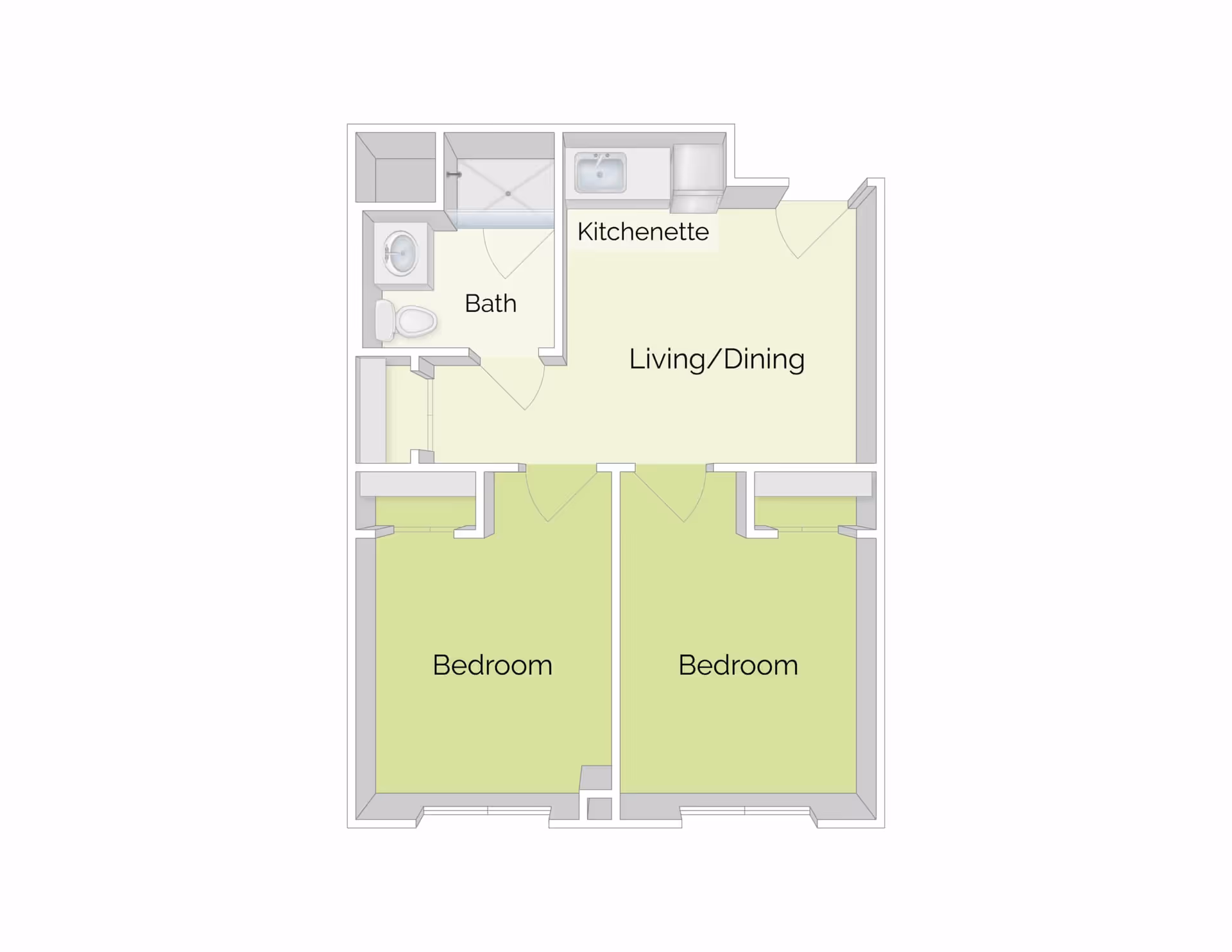 Floor plan of a living space at The Residence at Pearl Street showing two bedrooms, a bath, a kitchenette, and a combined living/dining area.