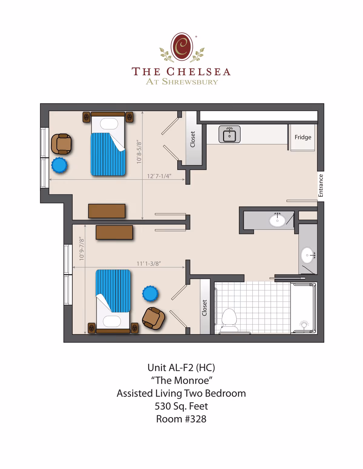 Floor plan of an assisted living two-bedroom unit named 'The Monroe' at The Chelsea at Shrewsbury. The layout includes two bedrooms each with a bed, chair, and small table, a bathroom with a toilet and shower, a kitchen area with a sink and fridge, closets, and an entrance. Dimensions of rooms are marked.