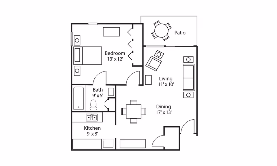 Floor plan of a one-bedroom apartment at Autumn Leaves showing a bedroom, bathroom, kitchen, dining area, living room, and a patio. The bedroom measures 13 by 12 feet, the bath is 9 by 5 feet, the kitchen is 9 by 8 feet, the dining area is 17 by 13 feet, and the living room is 11 by 10 feet. The layout includes furniture placement such as a bed, sofa, dining table, and patio table with chairs.