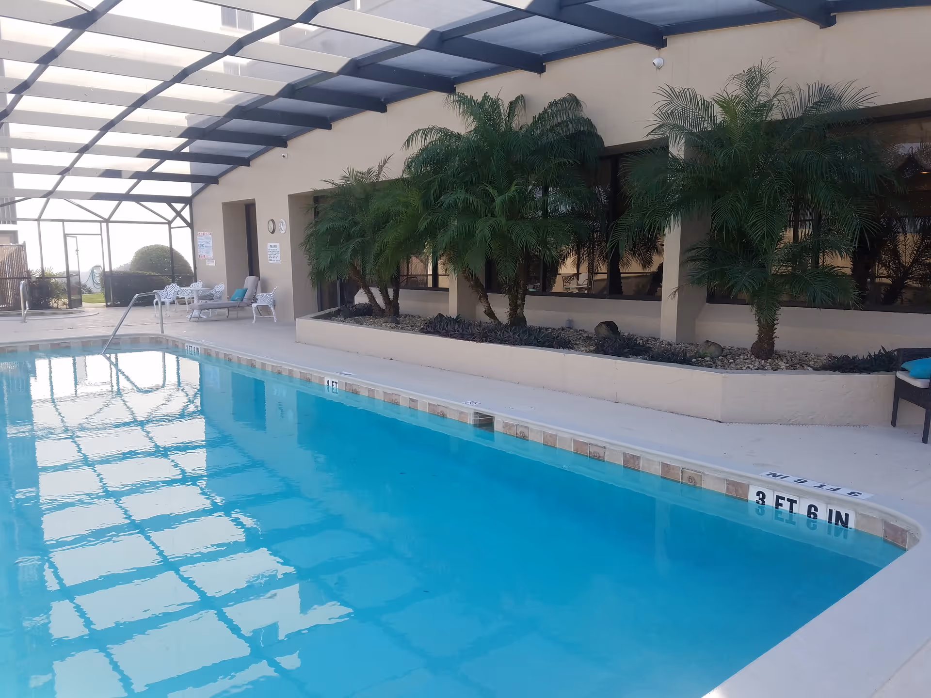 Covered outdoor swimming pool next to a building with lounge chairs and potted palm trees.