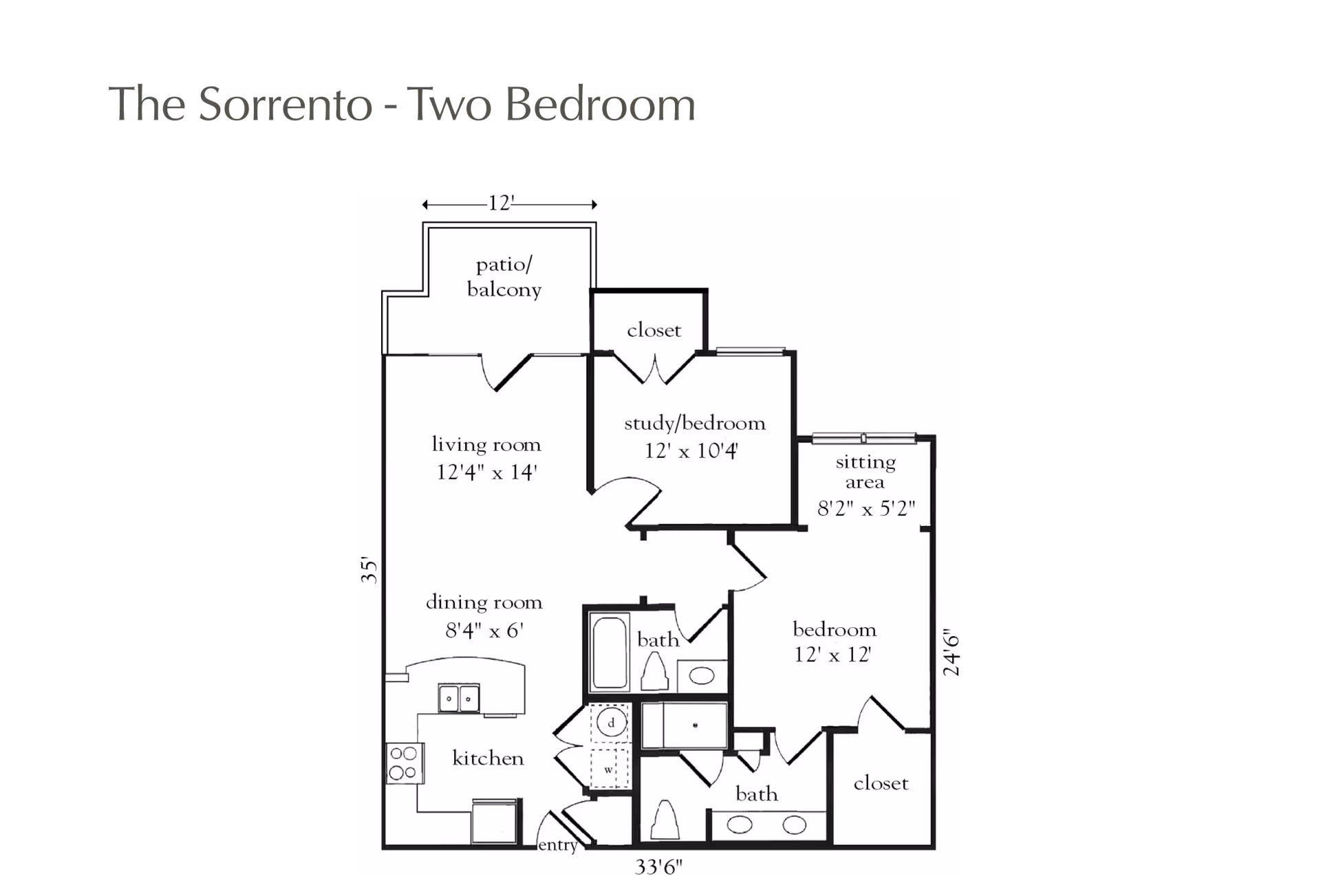 Floor plan titled The Sorrento - Two Bedroom showing layout with living room, dining room, kitchen, two bedrooms including a study/bedroom and sitting area, two bathrooms, closets, and a patio/balcony.