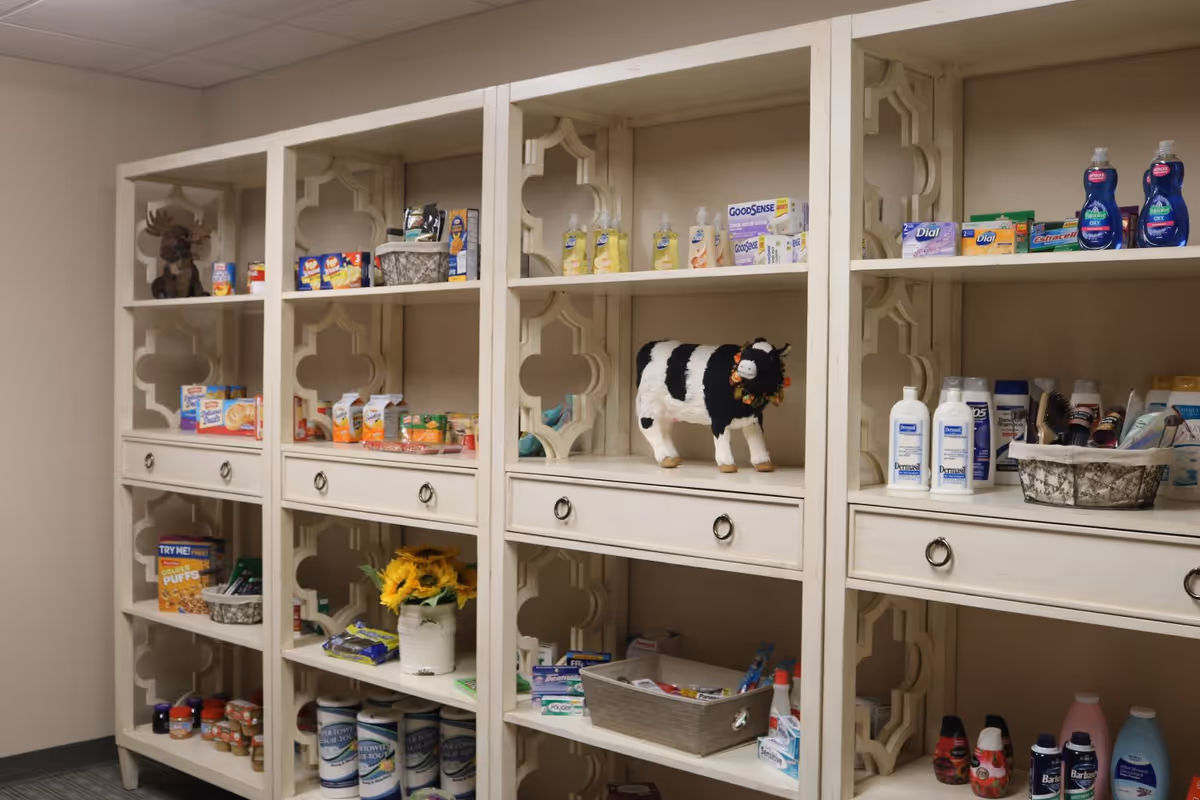 White decorative shelving unit filled with various household items including canned goods, cleaning supplies, personal care products, a small stuffed cow, and a decorative moose figure in a room with beige walls and a tiled ceiling.