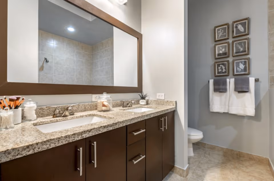 Modern bathroom with a double-sink granite vanity, large mirror reflecting a tiled shower, and a toilet area with towels and framed artwork.