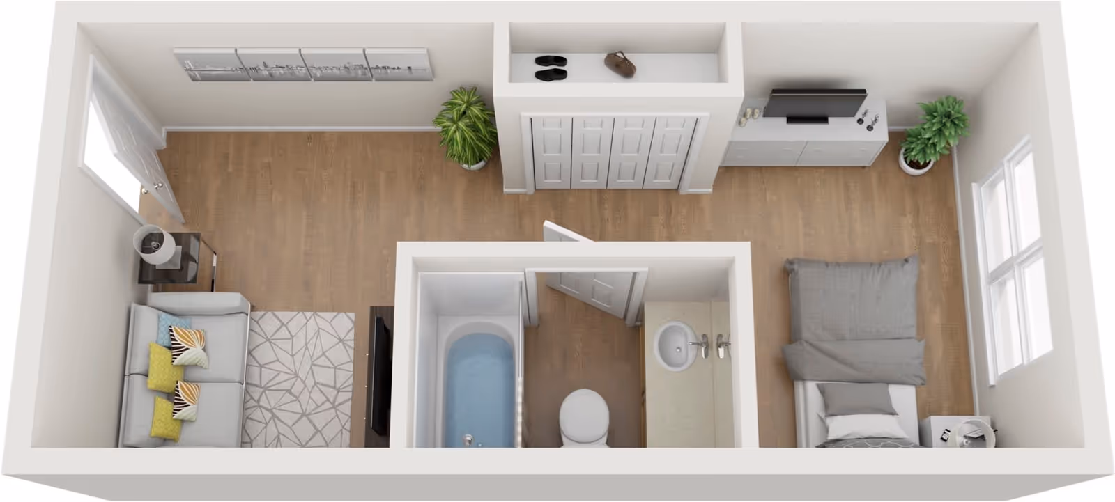 3D floor plan of a small apartment unit featuring a living area with a sofa, side table, lamp, and TV, a bathroom with a bathtub, toilet, and sink, and a bedroom with a bed, nightstand, and TV stand. The unit has wooden flooring, two potted plants, and a closet with shoes and a bag on top.