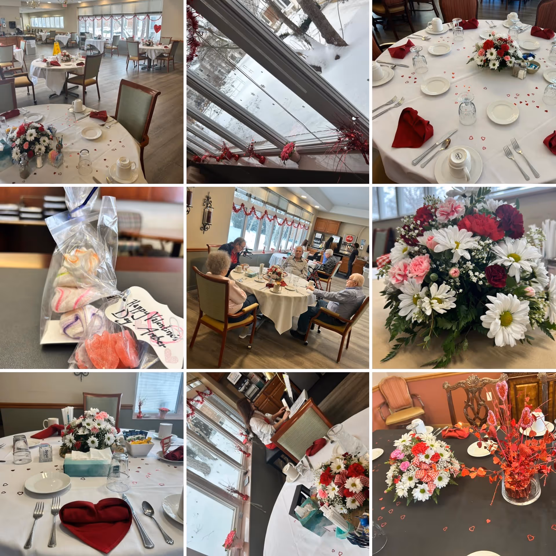 A collage of nine images showing a dining area decorated for Valentine's Day at NorthPointe Woods. The images include tables set with white tablecloths, red napkins folded in heart shapes, floral centerpieces with red, white, and pink flowers, and small heart-shaped confetti scattered on the tables. One image shows a group of elderly people seated around a table enjoying a meal. Another image shows a snowy outdoor view through large windows decorated with red garlands. There is also a close-up of Valentine-themed treats in a clear plastic bag with a tag that reads 'Happy Valentine's Day'.