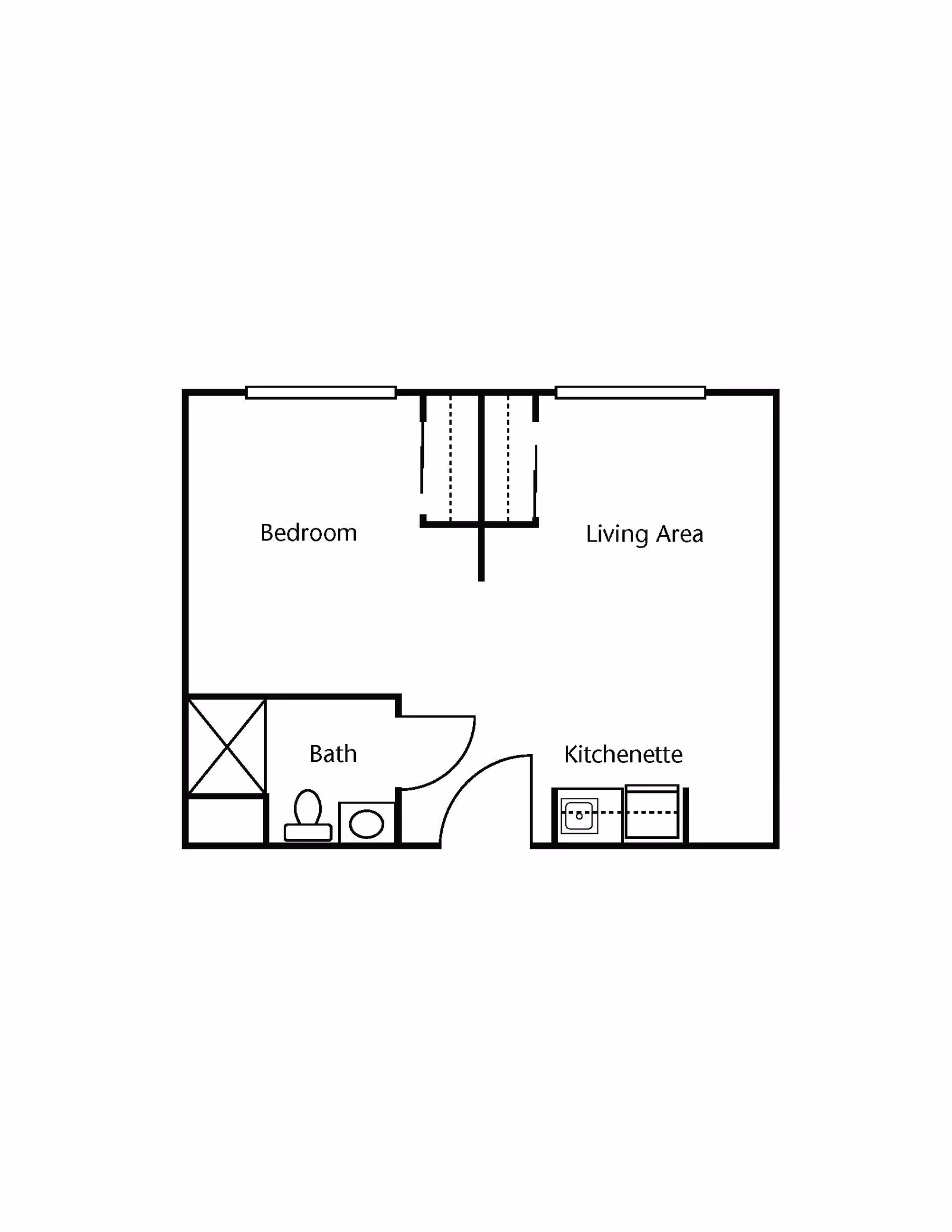 Floor plan of a small apartment unit showing a bedroom, living area, bath, and kitchenette. The bedroom and living area are separated by a closet space. The bath includes a shower, toilet, and sink. The kitchenette has a sink and counter space.