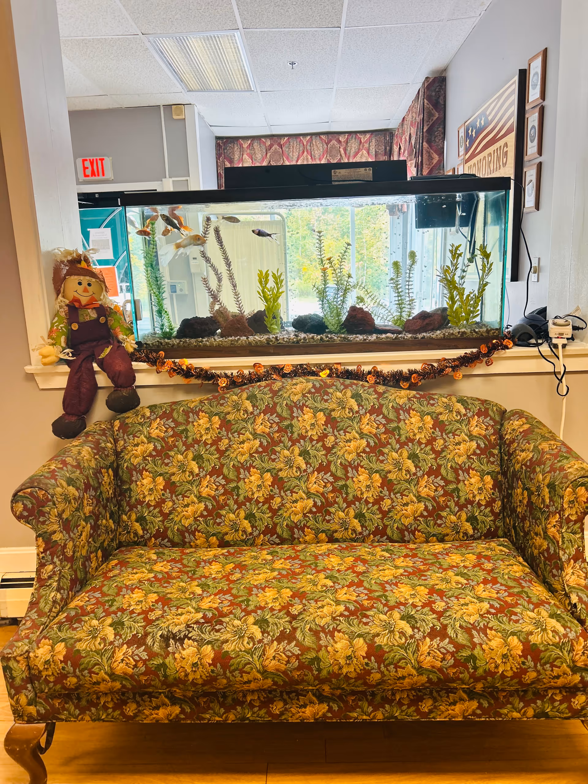 A floral-patterned upholstered sofa in front of a large fish tank filled with various fish and aquatic plants. To the left of the tank, a small scarecrow doll is sitting on the ledge. The background shows part of an interior space with an exit sign, a window with curtains, and some framed decorations on the wall.