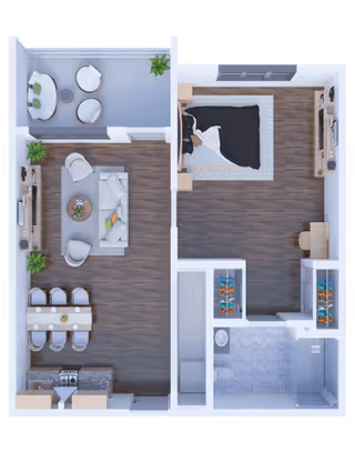 Top-down view of a senior living apartment floor plan featuring a bedroom with a bed and desk, a living room with sofa and chairs, a dining area with a table and six chairs, a kitchen with appliances, a bathroom with a shower, toilet, and sink, and a balcony with outdoor seating.