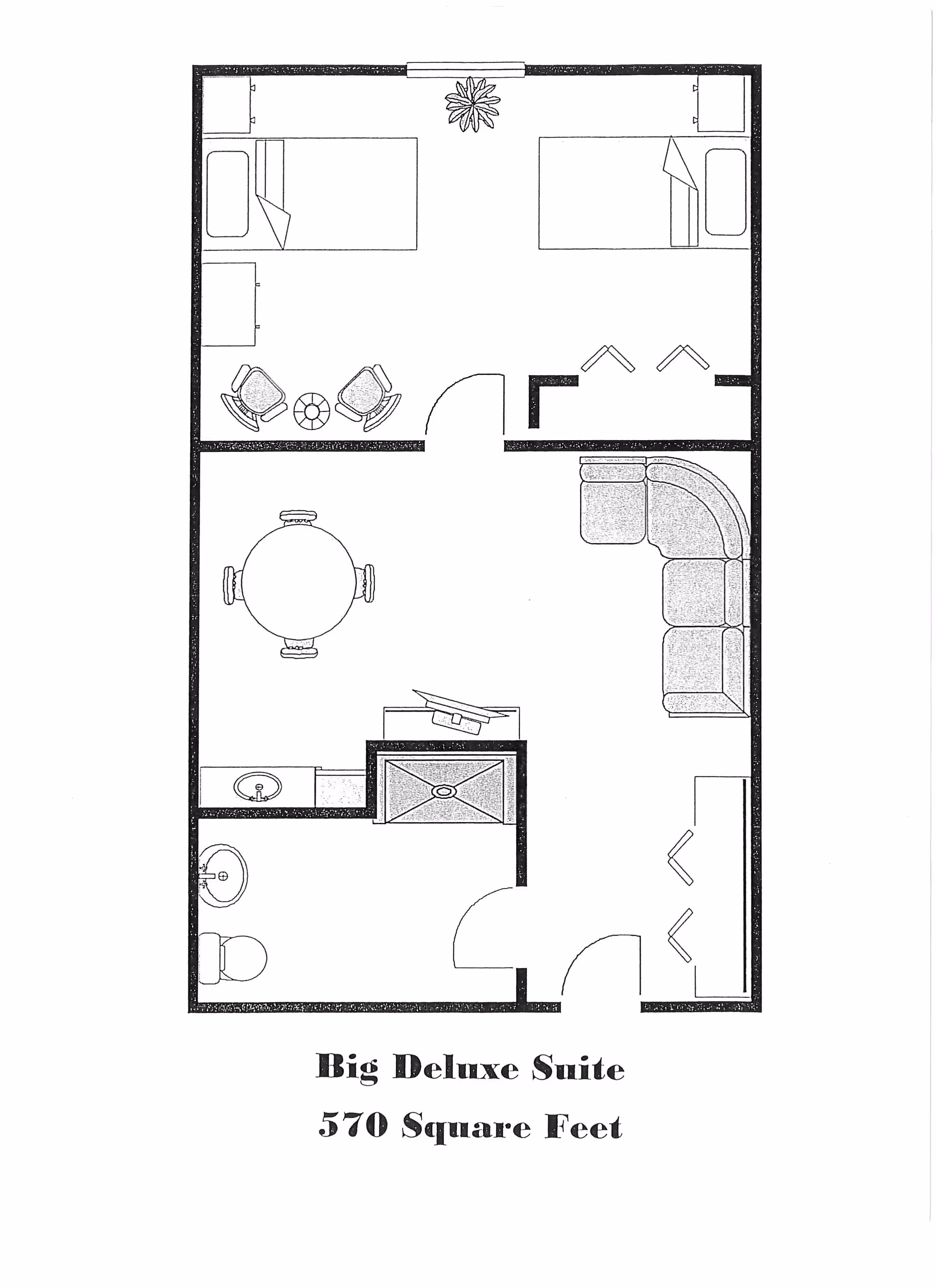 Black-and-white floor plan titled "Big Deluxe Suite 570 Square Feet" showing a two-bed bedroom, living area, dining area and bathroom layout.