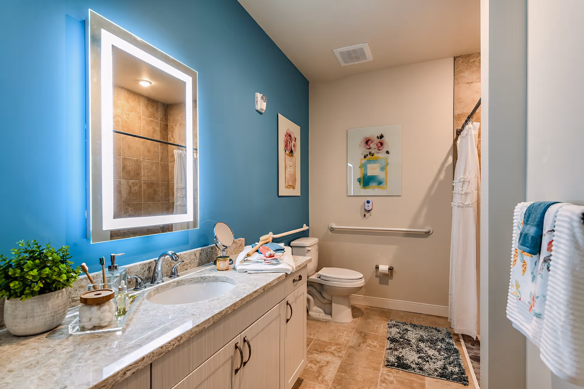A modern bathroom with a lighted rectangular mirror above a marble countertop sink. The countertop has various toiletries and a small potted plant. There is a toilet with grab bars on the wall behind it, a shower with a white curtain, and two framed floral artworks on the walls. The floor is tiled and a gray bath mat is placed near the shower.