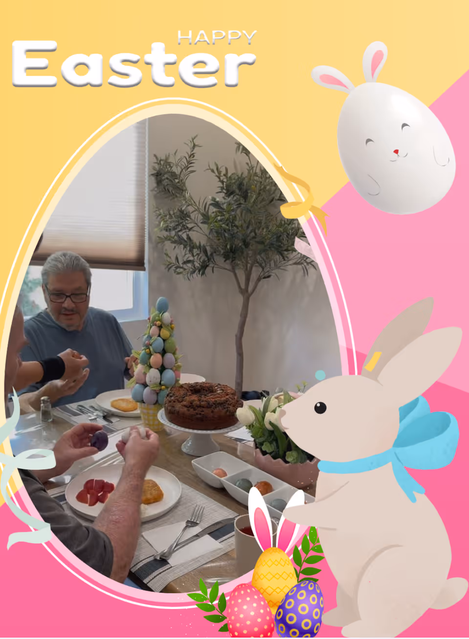 Two elderly men sitting at a dining table decorated with Easter-themed items including a centerpiece made of pastel-colored eggs and a chocolate cake. The table has plates with food, cutlery, and a small plant in the background. The image is framed with a colorful Easter-themed border featuring a bunny, decorated eggs, and the text 'Happy Easter'.