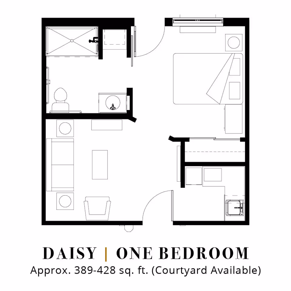 Floor plan layout of a one-bedroom unit named Daisy, approximately 389-428 square feet, showing a bedroom with a bed and nightstand, a living area with a sofa, chair, and coffee table, a bathroom with a shower, toilet, and sink, and a small kitchen area with a sink and counter space.