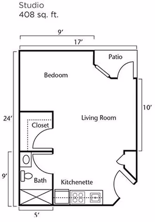 Floor plan of a studio apartment measuring 408 square feet, featuring a bedroom area, living room, kitchenette, bathroom with closet, and a patio.