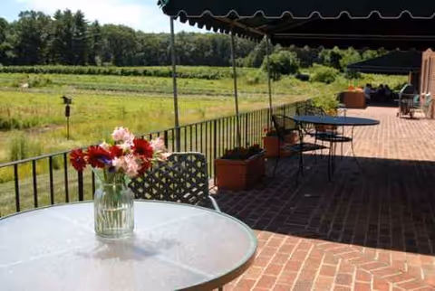 Outdoor brick patio with tables, chairs, and a vase of flowers.