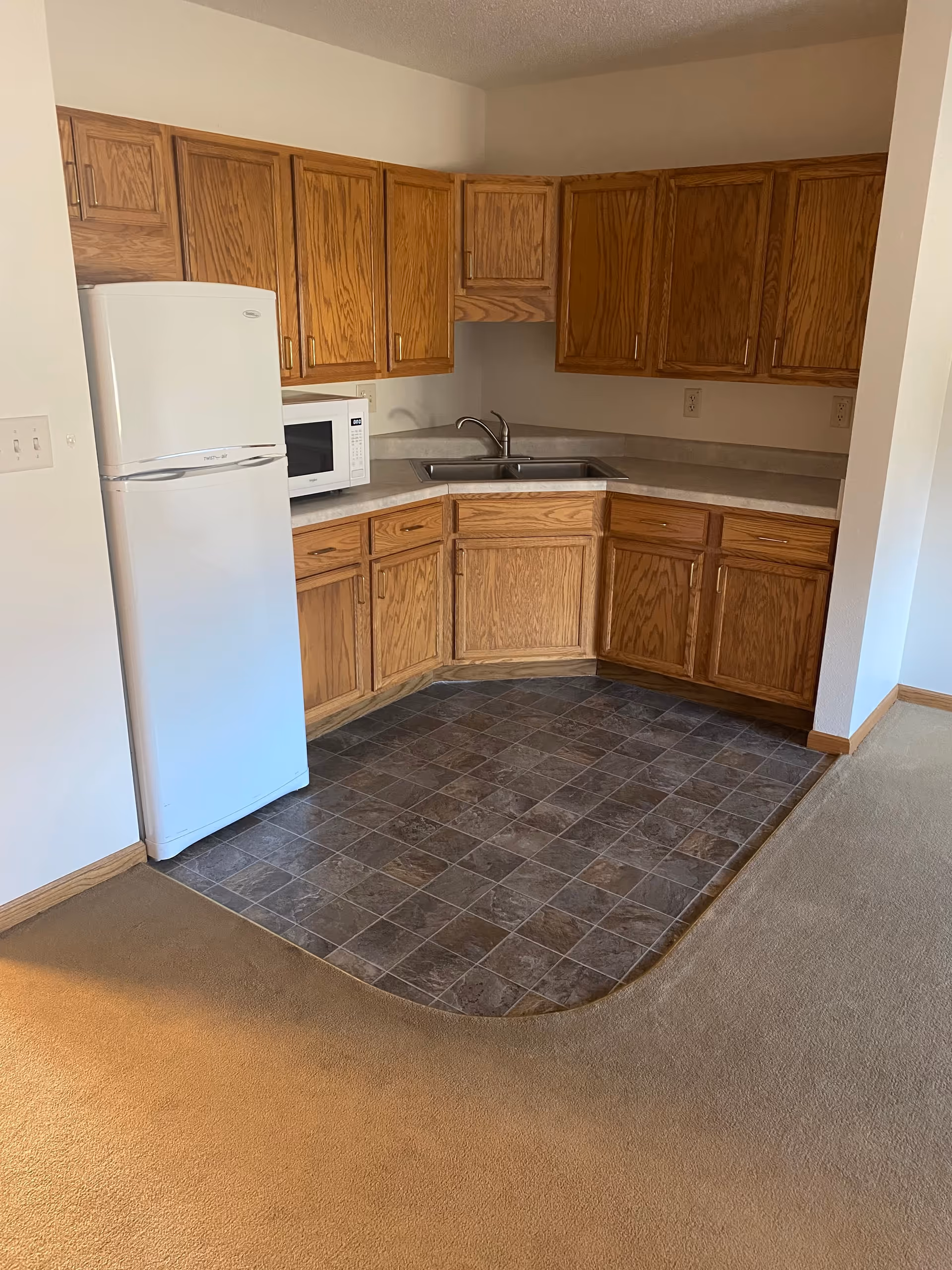 A small kitchen area with wooden cabinets, a white refrigerator, a microwave, a double sink, and a countertop. The floor in the kitchen area is tiled, while the surrounding floor is carpeted.