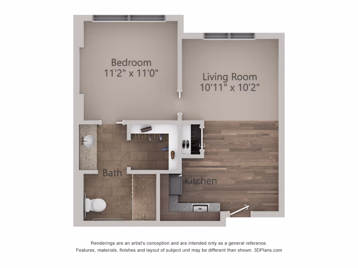 3D floor plan of an assisted living unit showing a bedroom measuring 11 feet 2 inches by 11 feet, a living room measuring 10 feet 11 inches by 10 feet 2 inches, a kitchen area with wooden flooring, and a bathroom with a toilet, sink, and shower.