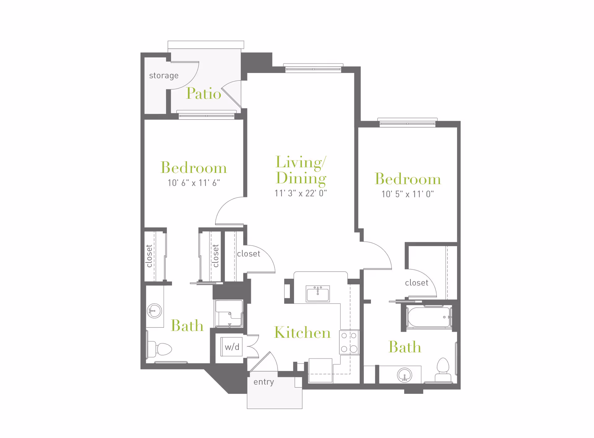 Floor plan of a two-bedroom apartment at Clearwater Ahwatukee showing a patio with storage, two bedrooms each with closets, two bathrooms, a kitchen with entry, and a combined living and dining area.