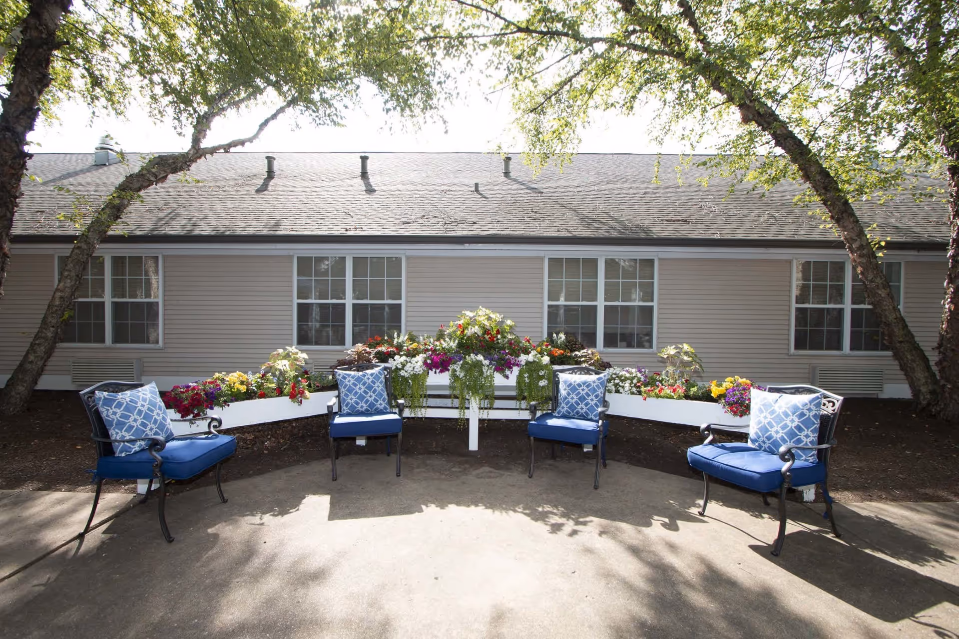 Outdoor seating area with four blue cushioned chairs arranged around a curved flower bed filled with colorful flowers, set in front of a beige building with multiple windows and shaded by trees.