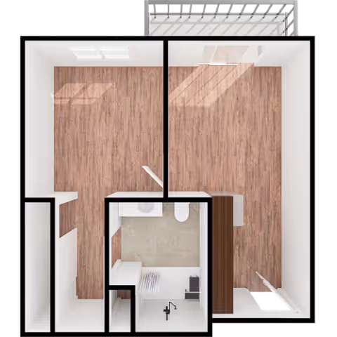 Top-down floor plan of a small two-room apartment with wood floors, a central bathroom, and a balcony.