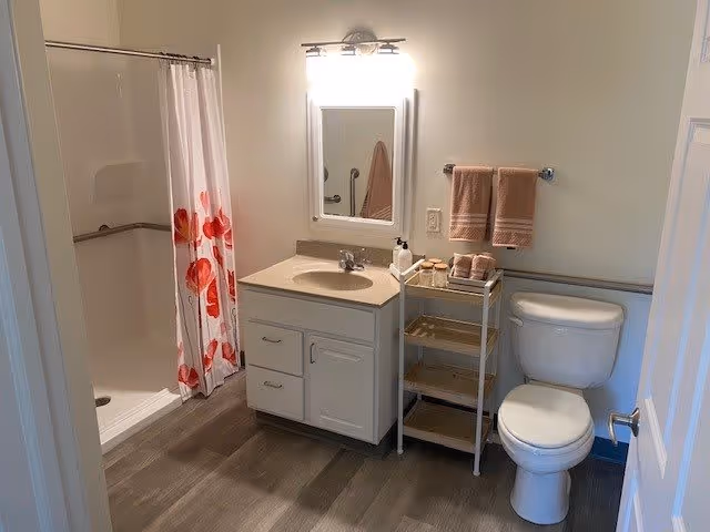 A clean bathroom featuring a white vanity with a sink, a mirror with a light above it, a toilet, and a shower with a white curtain decorated with red flowers. There is a small shelving unit next to the toilet holding folded towels and toiletries. The floor has wood-like tiles and the walls are painted light beige.